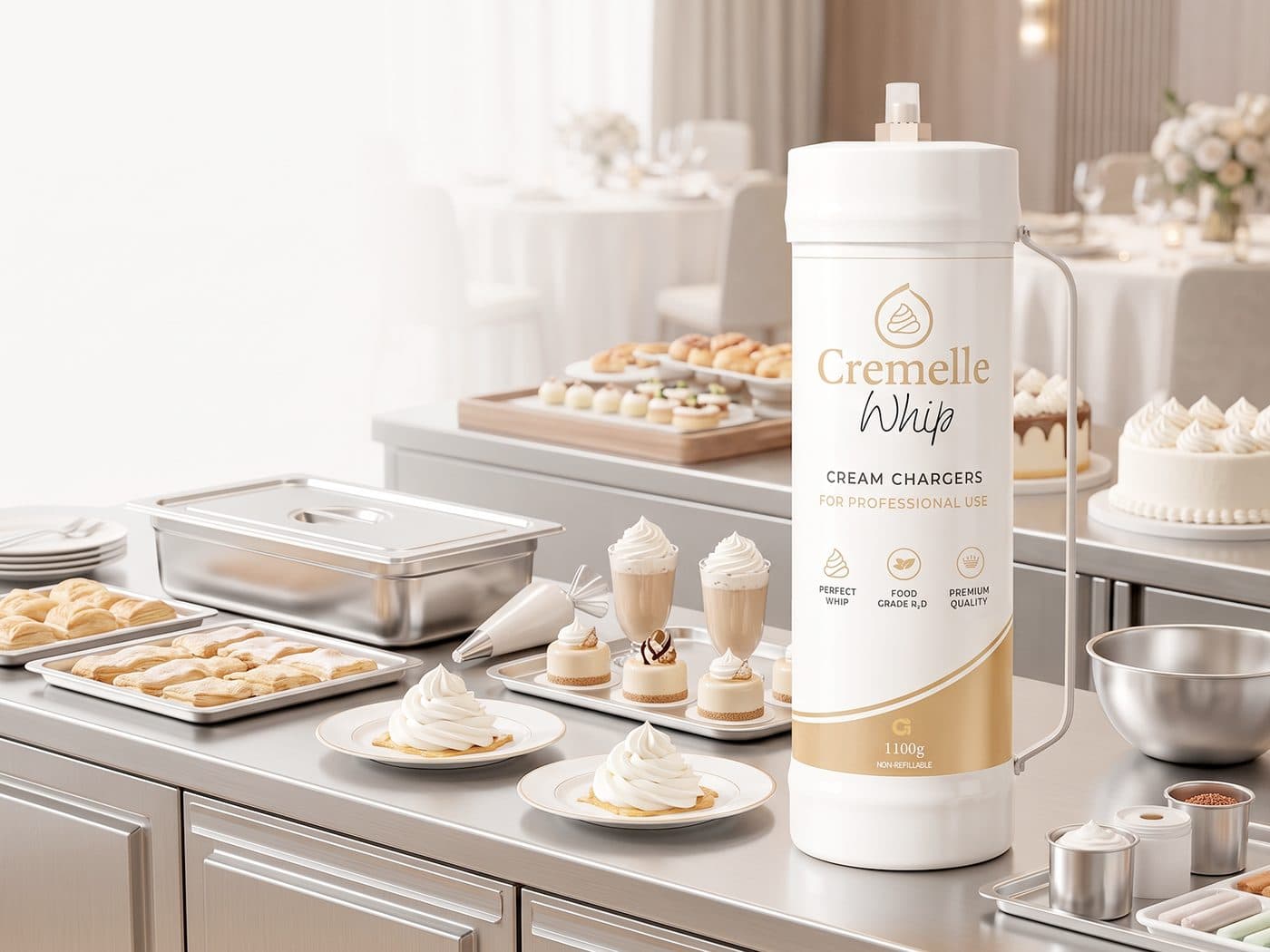 Cremelle Whip cream charger at an event catering buffet with desserts