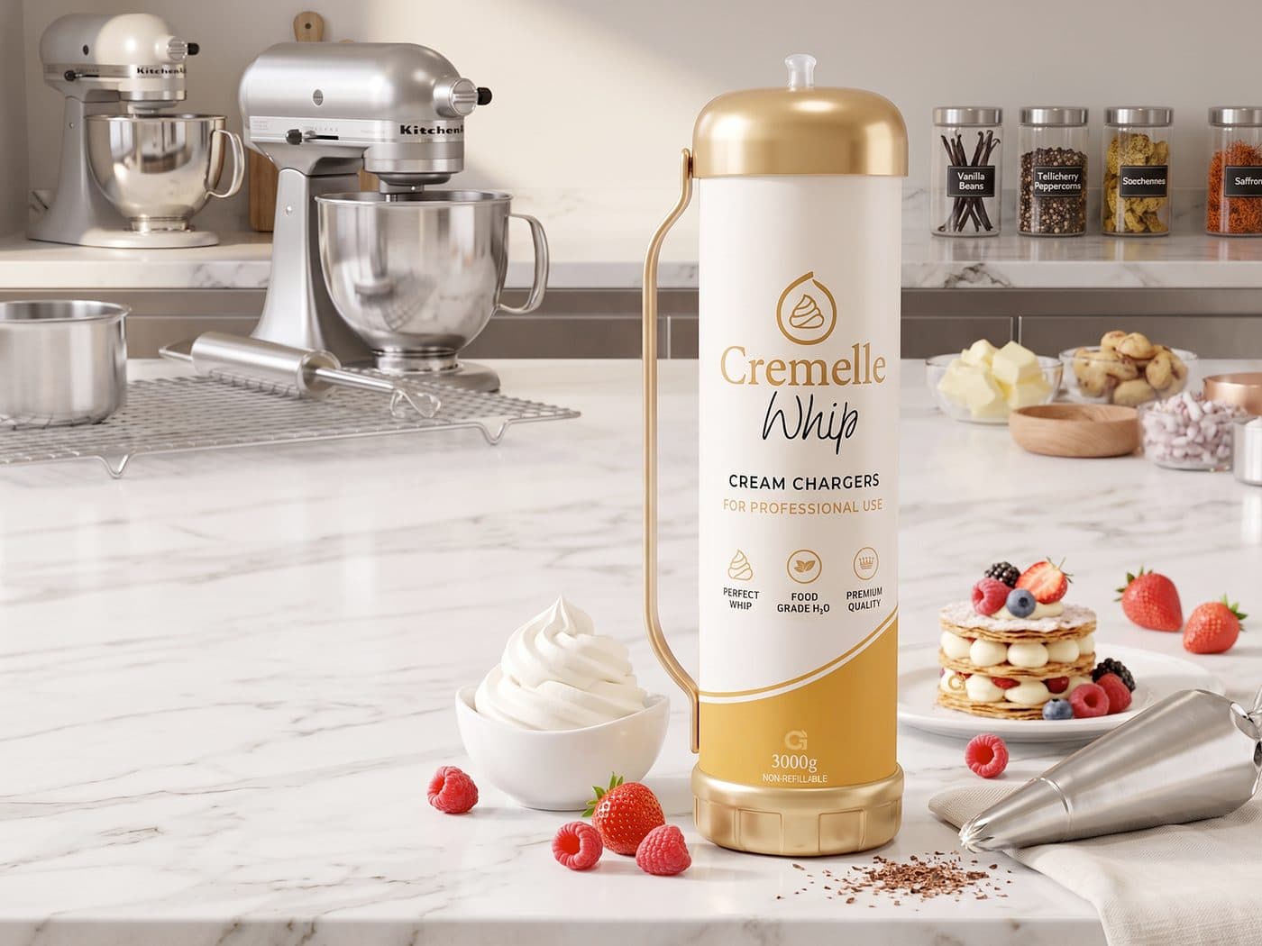 Cremelle Whip cream charger in a home kitchen with fresh whipped cream and berries
